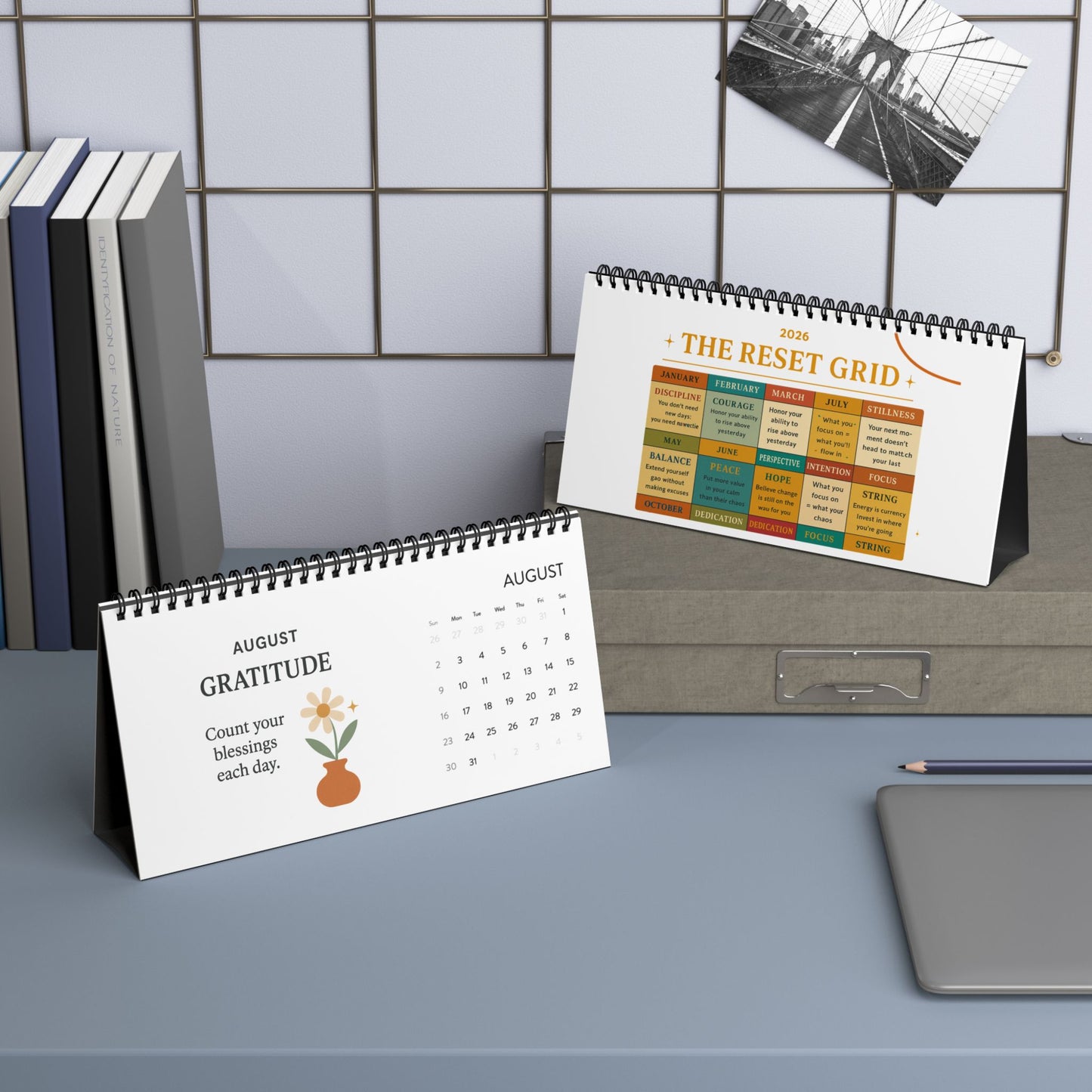 2026 Reset Grid Desktop Calendar — Monthly Self-Care & Motivation Planner