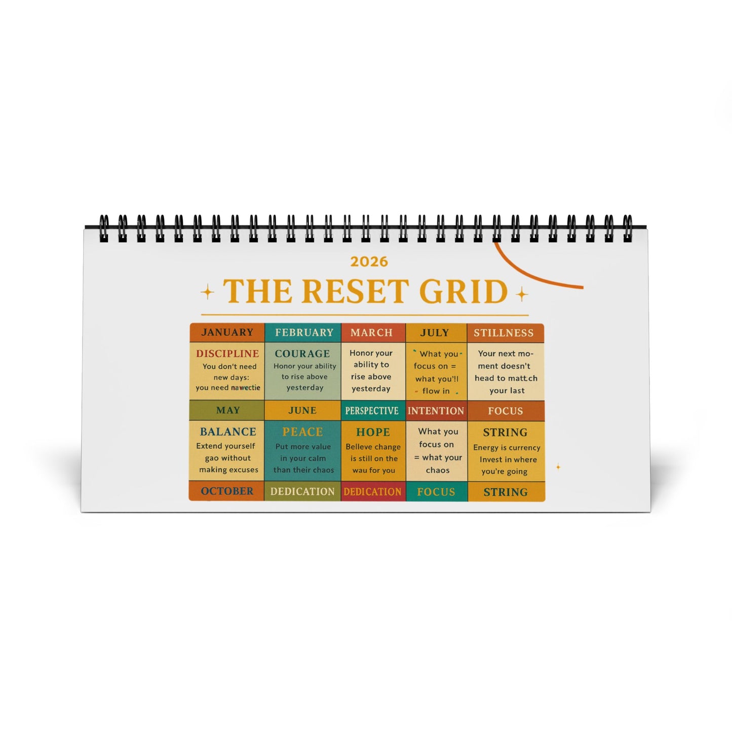 2026 Reset Grid Desktop Calendar — Monthly Self-Care & Motivation Planner